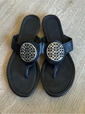 Coach Black Leather Thong Sandals with Silver-Tone Logo Discs